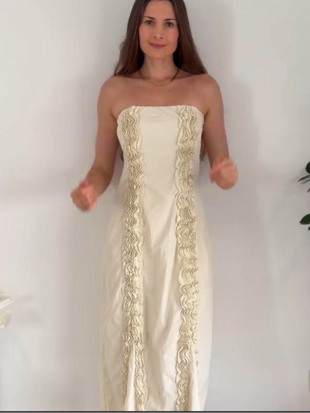 Zara Strapless Cream Maxi Dress with Decorative Vertical Trim